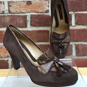 ALBANO Brown Suede Croco Tassel ChunkyHeel Pump 38